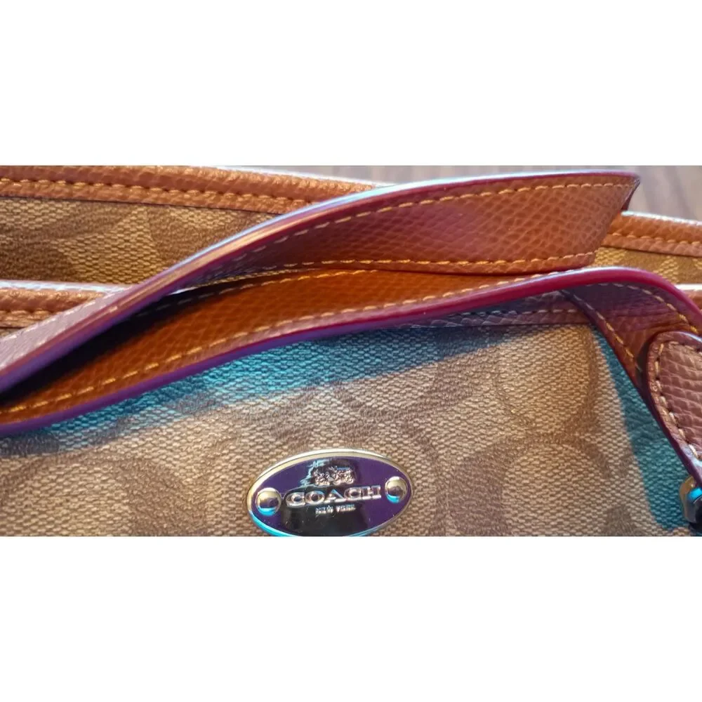 Coach City Zip Top Tote Signature Brown Coated Canvas ruby edge trim F34603 2015